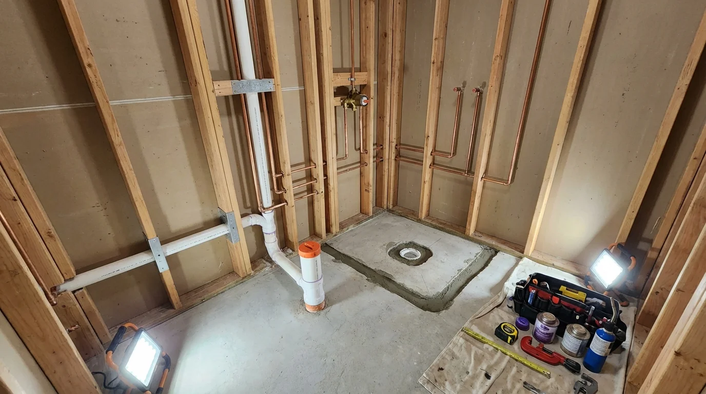 Bathroom rough-in plumbing during remodel by Johns Plumbing LLC in Black Diamond