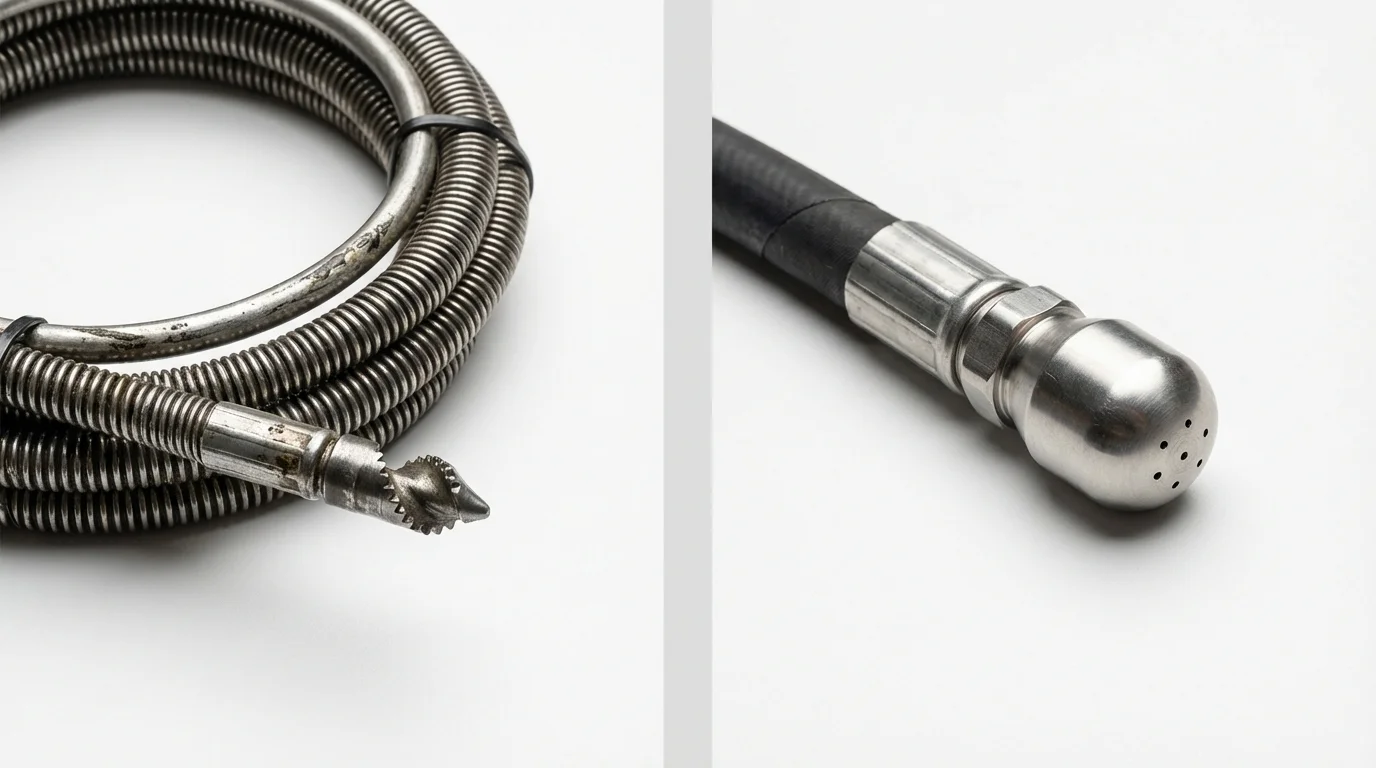 Drain snake cable and hydro jetting nozzle used for drain cleaning in Black Diamond, WA