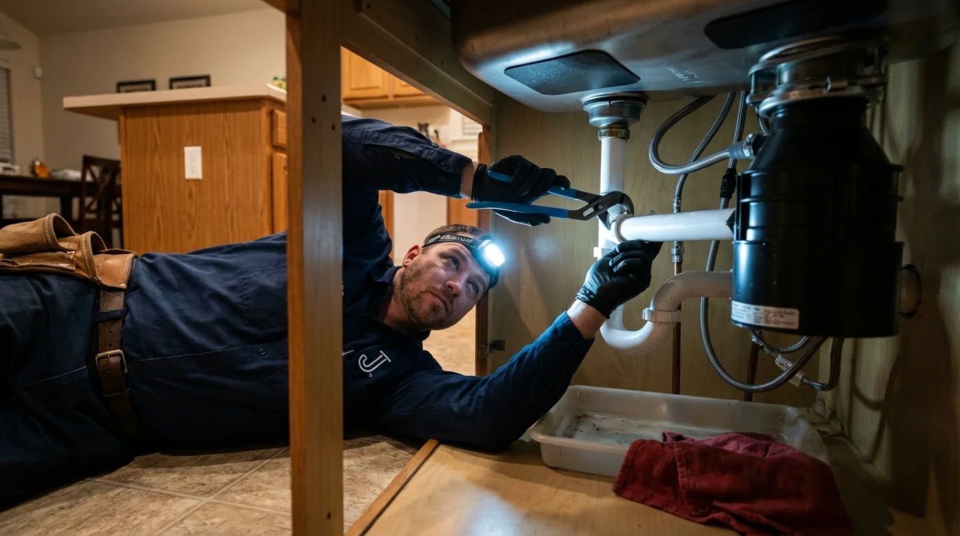 P-trap and supply line connections under a kitchen sink showing a common leak point in Black Diamond, WA
